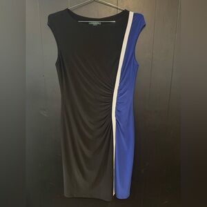 Ralph Lauren Black, Royal Blue and White Sleeveless Ruched Side-Panel Midi Dress